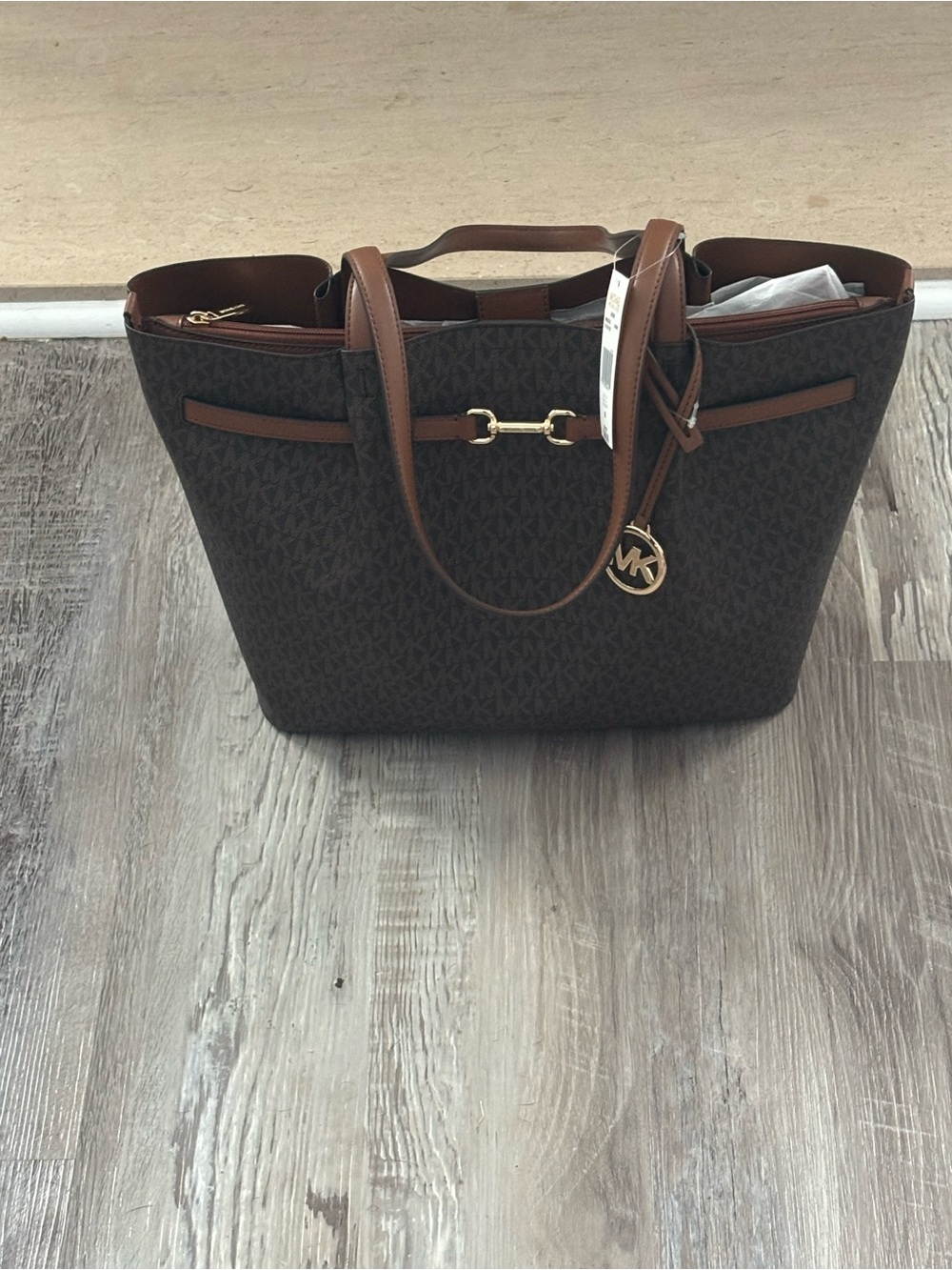 Michael Kors Dark Brown Logo Tote with Cognac Trim